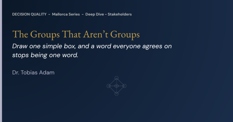 Decision making in organizations: title graphic for “The Groups That Aren’t Groups”, a Mallorca Series deep dive on stakeholders