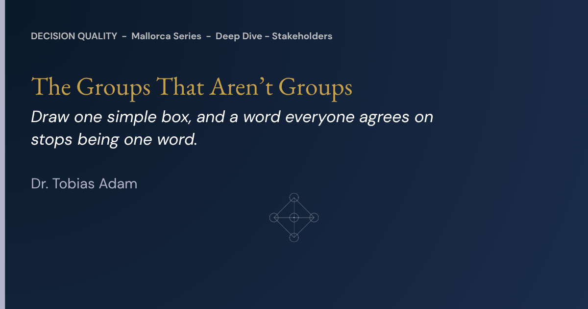 Decision making in organizations: title graphic for “The Groups That Aren’t Groups”, a Mallorca Series deep dive on stakeholders
