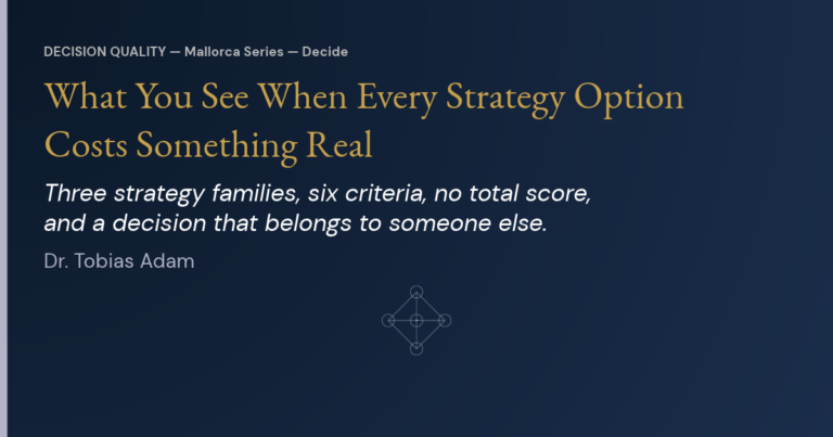 Title graphic: "What You See When Every Strategy Option Costs Something Real", Mallorca Series article 5, Decide